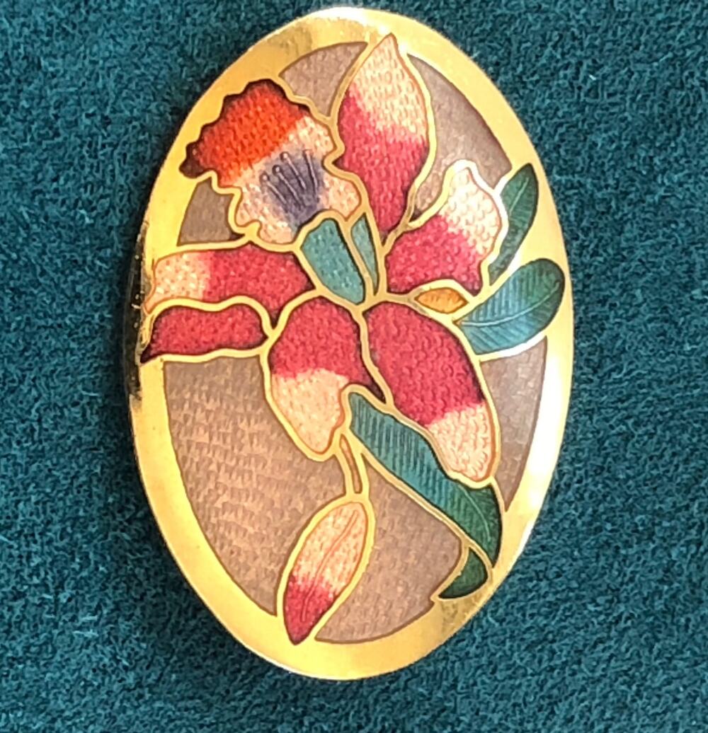 Vintage Cloisonné Enamel Pink Red Oval Floral Brooch Pin